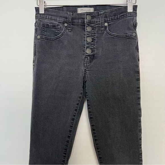 Madewell Jeans Women Sz 27T Black Charcoal 9" High Rise Skinny Button Font Denim - Picture 2 of 16